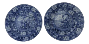 English Early 19th Century Blue and White Transferware Plates Scene Pratt Superior - A Pair