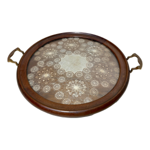 Antique 19th Century Handmade French Lace Wood Bronze Serving Tray Dish Platter