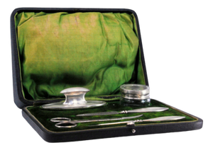Silver Manicure Set with Hard Case and Green Velvet Interior, Set of 5