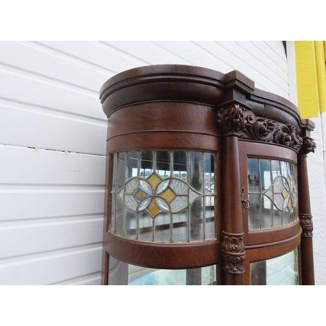 Late 19th Century Late 1800s Large Tall Tiger Oak Leaded Stain Glass Curio Cabinet Cupboard 6573 For Sale - Image 5 of 18