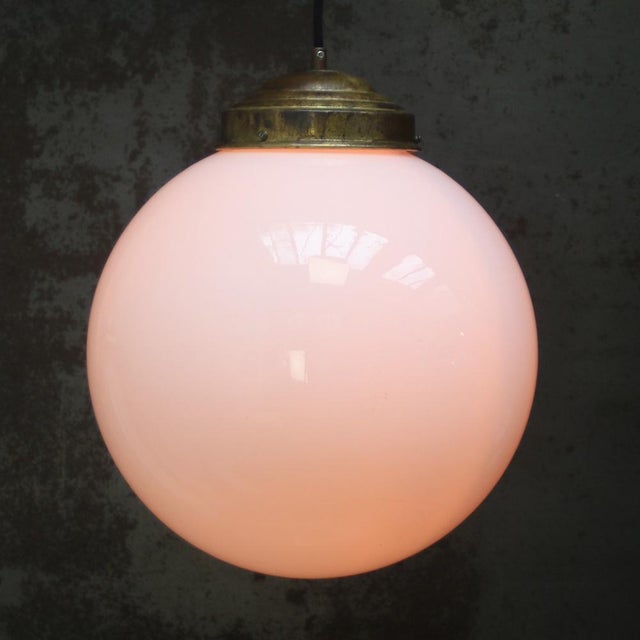 Large Vintage Pendant Light in White Opaline Glass Globe and Brass For Sale - Image 4 of 7