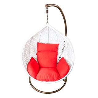 Hanging White Rattan Chair with Red Cushions For Sale