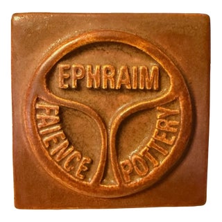 Ephraim Faience Art Pottery Logo Block Tile Signed John Raymond Pumpkin Glaze For Sale