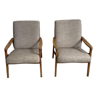 Pair of MCM French Upholstered Wooden Armchairs For Sale