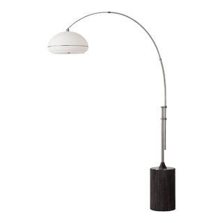 1980s 92" Nova of California Morelli Tambo Mid Century Floor Lamp, 1980s - Modern Arc Lamp, Dark Oak Base, Satin Nickel, Dimmable For Sale