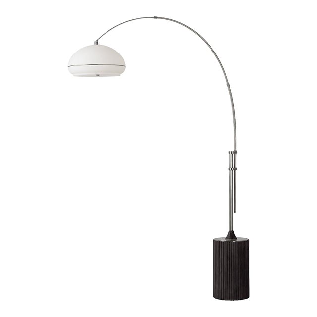 1980s 92" Nova of California Morelli Tambo Mid Century Floor Lamp, 1980s - Modern Arc Lamp, Dark Oak Base, Satin Nickel, Dimmable For Sale