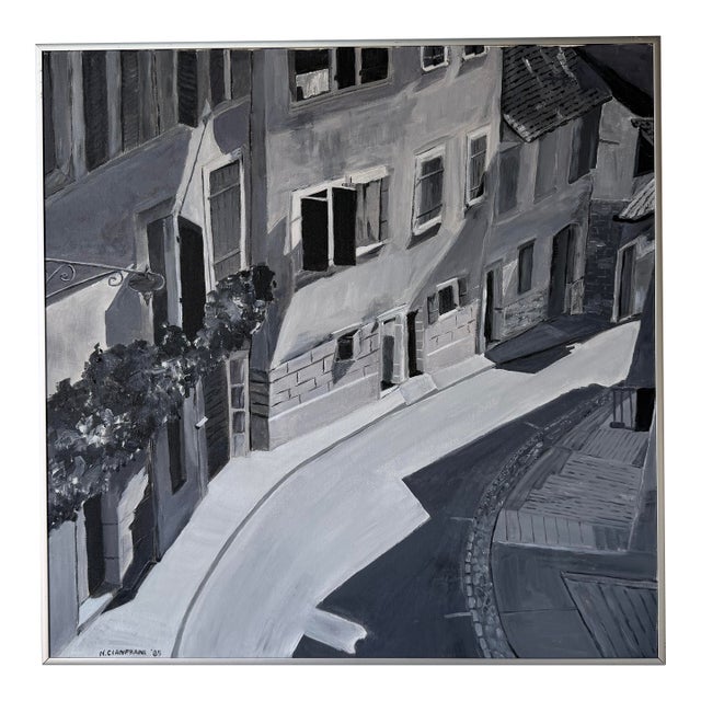 1985 N. Cianfrani Monochrome European Cityscape Oil on Canvas Painting, Framed For Sale
