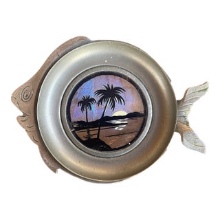 Art Deco Butterfly Reverse Painted Glass Pewter Fish Ash Tray For Sale