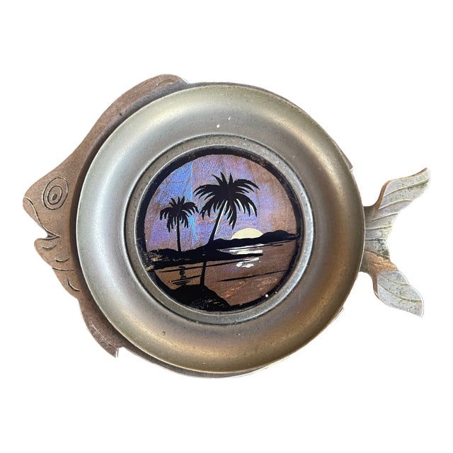 Art Deco Butterfly Reverse Painted Glass Pewter Fish Ash Tray For Sale