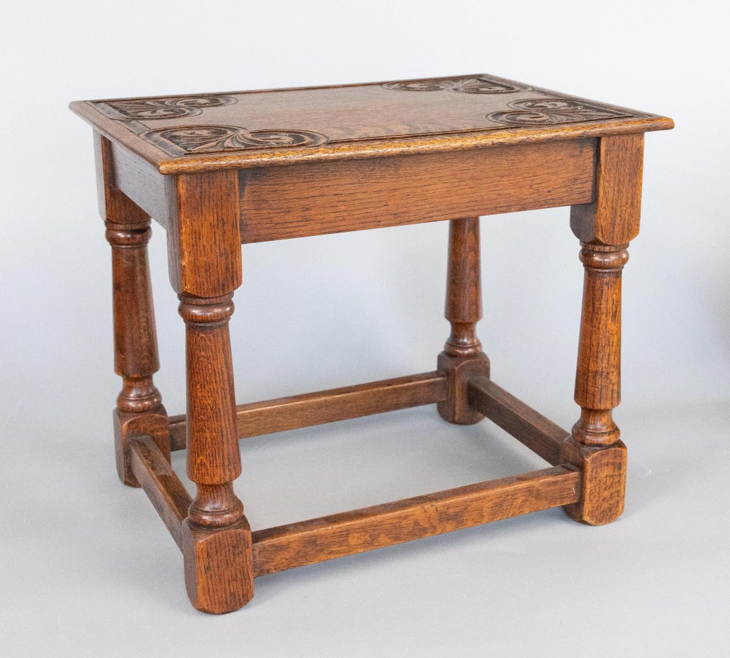 19th Century English Carved Oak Joint Stool Side Table | Chairish