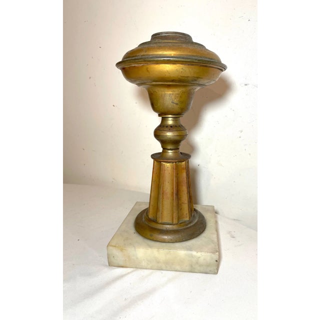 Metal Rare Antique 1800 Gilded Brass Marble Electrified American Astral Table Oil Lamp For Sale - Image 7 of 11