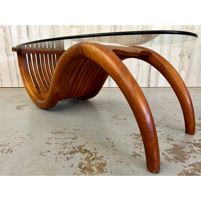 1970s Sculpted Teak With Oval Glass Coffee Table For Sale - Image 5 of 12