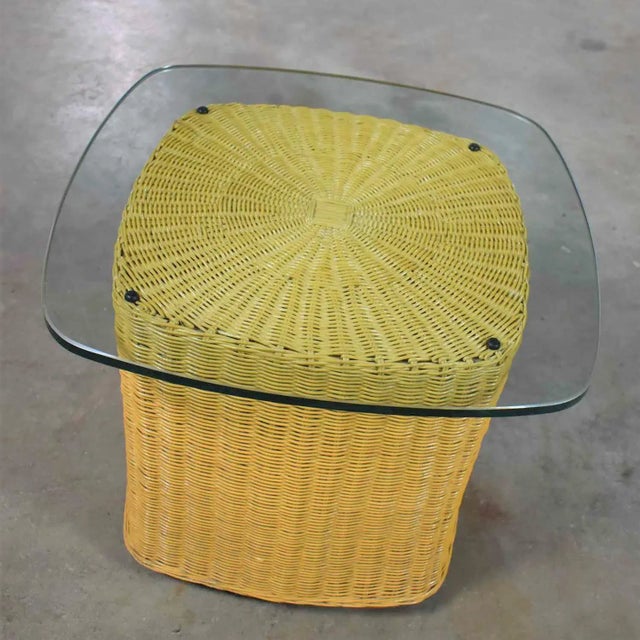 Wood Modern Coastal or Island Style Side Table Rattan Wicker With Thick Glass Top For Sale - Image 7 of 13