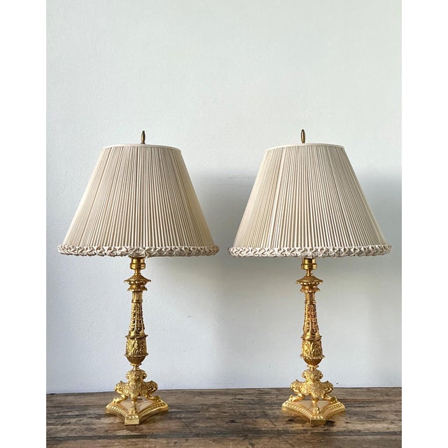 Mid 20th Century Vintage Empire Gilt Candlestick Lamps - A Pair For Sale - Image 5 of 12
