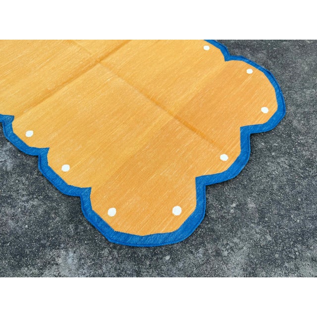 Casa Cosima Not Yet Made - Made To Order Handmade Cotton Scalloped Rug Reversible Electric Yellow and Royal Blue Dhurrie-3'x5' For Sale - Image 4 of 11
