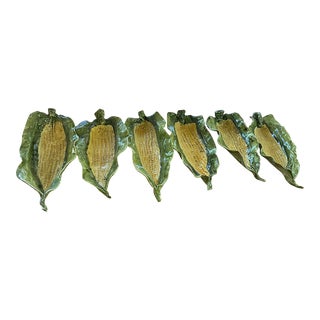 Late 20th Century Hand Thrown & Painted Majolica Style Corn on the Cob Holders- Set of 6 For Sale
