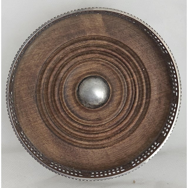 Early 20th Century Edwardian Sheffield Silver Plated Fretwork Wine Bottle Coaster With Wood Base, c.1920 For Sale - Image 5 of 8