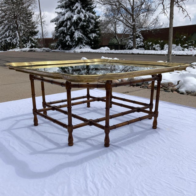 Wood 1970s Scalloped Brass Coffee Table in Faux Bamboo For Sale - Image 7 of 13