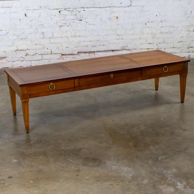 Brown Mid to Late 20th Century Neoclassic Coffee Table Long Carved Frame With 2 Drawers and Brass Details For Sale - Image 8 of 18