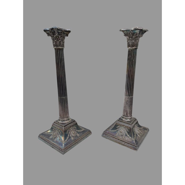 Silver Antique C1860 Hawksworth Eyre & Co Silver Plate Candlesticks Pair 14” Sheffield For Sale - Image 8 of 9