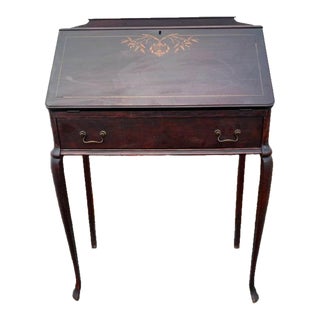 Early 20th Century Antique Mahogany Marquetry Inlaid Slant Front Desk. For Sale
