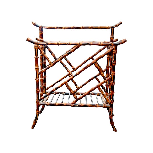 Chinoiserie Vintage Faux Burnt Bamboo Chinoiserie Style Magazine Rack Modern Design For Sale - Image 3 of 6