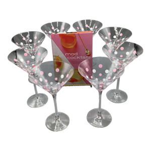 8 Vintage Pink and White Polka Dot Martini Glasses With Natalie Jacob Mod Cocktail Book-Set of 9