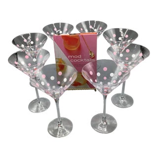 Pink and White Polka Dot Martini Glasses With Mod Cocktail Book - Set of 9 For Sale