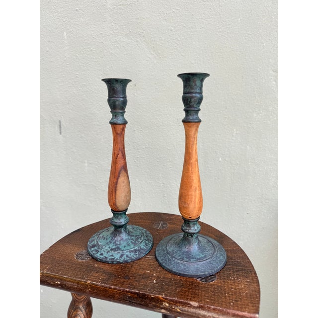 Vintage Scandinavian Wood & Verdigris Patina Candlesticks, a Pair — Rustic Modern For Sale - Image 9 of 9