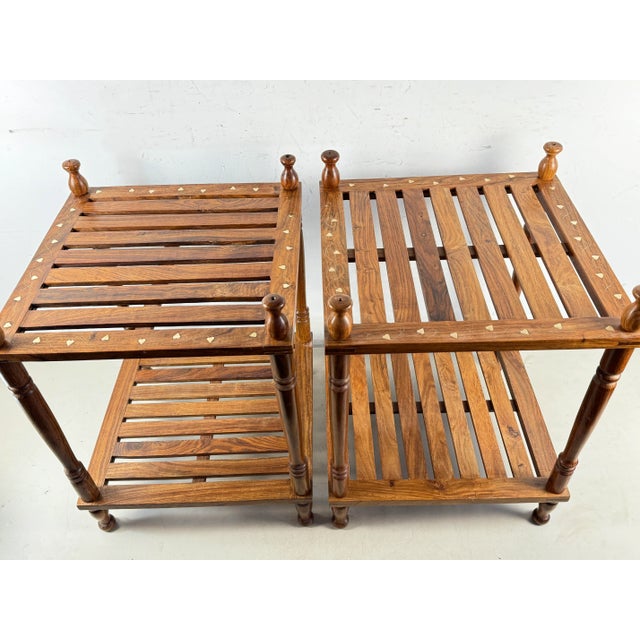 Beautiful Pair of Tea Tables with Inlaid Brass Leaf Vine Design flowing on the top edges. 2 Tiers. Dowel construction with...