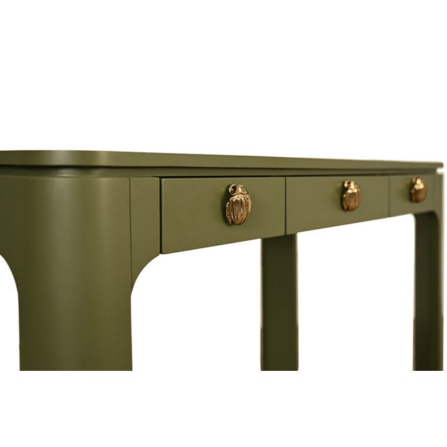 Wood Matthew Izzo Home Theo Three Drawer Olive Green Lacquer Desk With Brass Beetle Knobs For Sale - Image 7 of 11