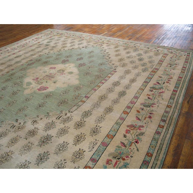 Turkish 1880s Beige Floral Medallion Antique Turkish Oushak Ghiordes Rug 13' X 14'6" Handknotted Wool Carpet For Sale - Image 3 of 7