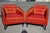 A gorgeous pair of red/orange silk/satin chairs. Beautiful tufting adds the perfect detail to these comfortable chairs....