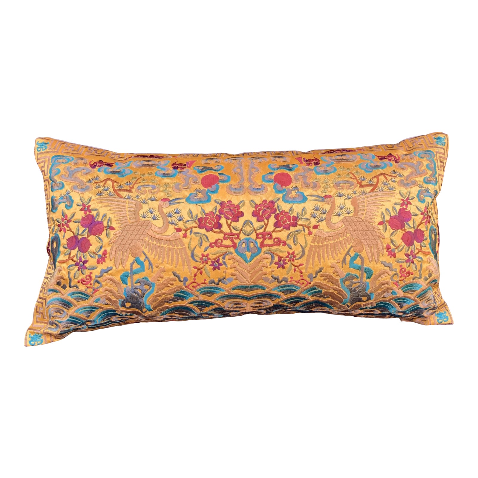 Hollywood Regency. Gold & Red Asian Cranes Chinoiserie Boudoir Lumbar