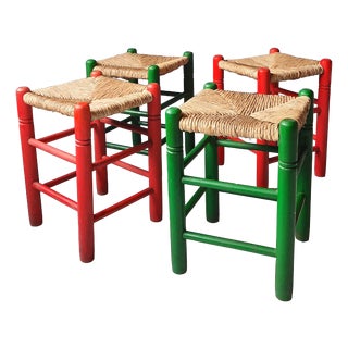 Green and Red Rush Stools, 1970s, Set of 4 For Sale