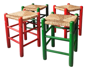 Green and Red Rush Stools, 1970s, Set of 4
