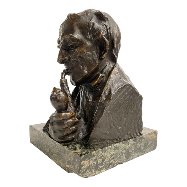 Hans Muller, Bust of a Man with a Pipe, 1890s, Bronze and Marble For Sale