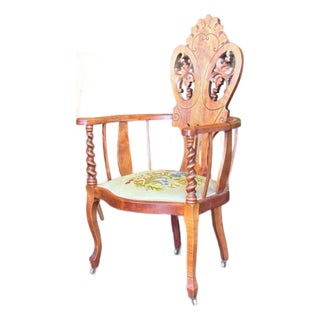 Antique Victorian Armchair With Floral Embroidered Upholstered Seat For Sale