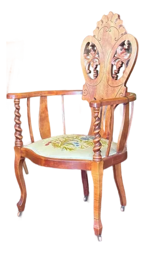 Antique Victorian Armchair With Floral Embroidered Upholstered Seat