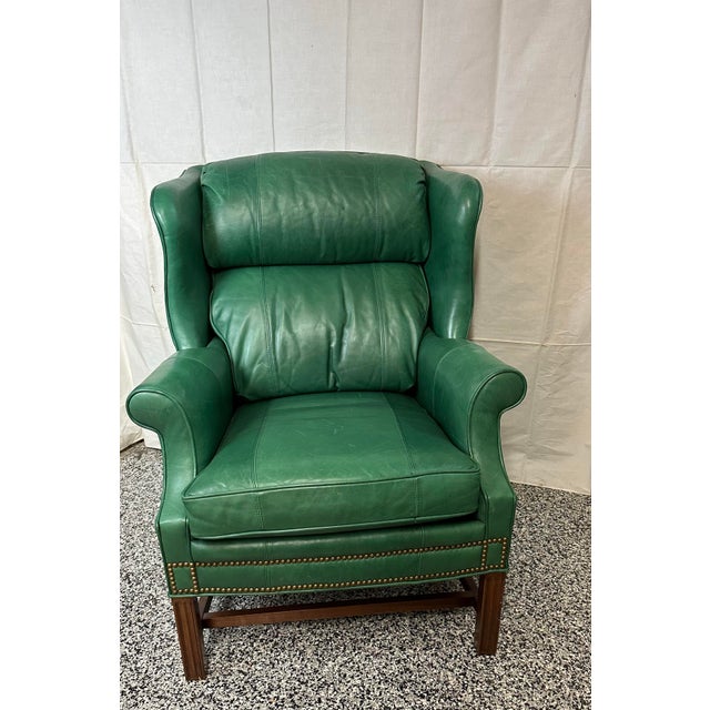 Whitmore Sherrill Furniture Green Leather Chair & Ottoman, 2 Pieces For Sale In Detroit - Image 6 of 7
