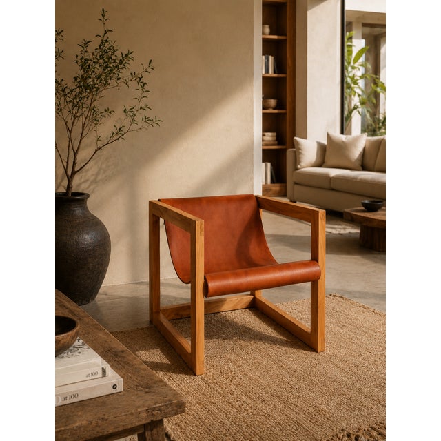 2020s Handcrafted Suspended Leather Lounge Chair in Solid Wood For Sale - Image 5 of 5