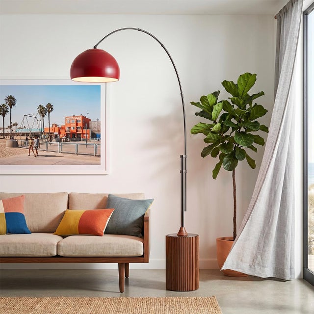 Mid-Century Modern 92" Half Dome Tambo Floor Lamp in Black Nickel, 1980s - Mid Century Arc Lamp, Crimson Red Shade, Walnut Base For Sale - Image 3 of 9
