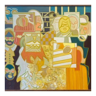 Vintage 1970s Abstracted Illustrative Oil Painting on Canvas by Molly Schiff For Sale