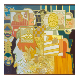 Vintage 1970s Abstracted Illustrative Oil Painting on Canvas by Molly Schiff