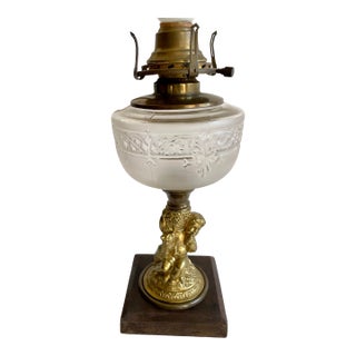 Vintage Bradley Hubbard Attributed Lamp Brass Child Wtih Dog & Grapes Oil Converted to Electric For Sale