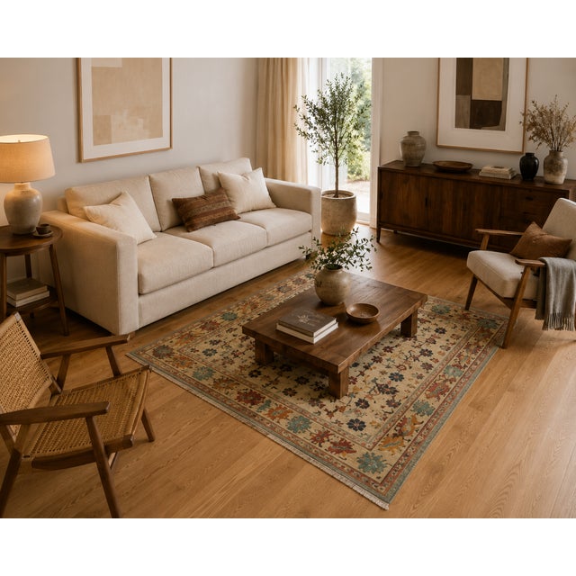 This handwoven decorative rug features a rich repertoire of traditional Caucasian-inspired motifs, including stylized...