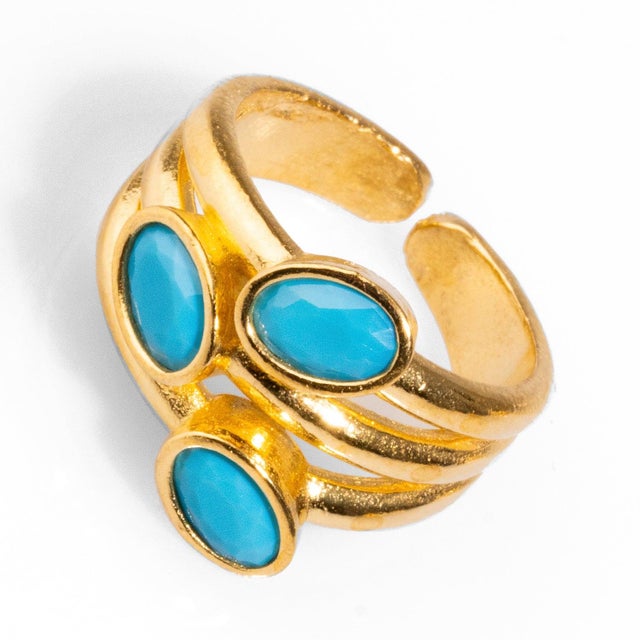 Contemporary Trio Turquoise Gemstone & Gold Stylish Adjustable Cocktail Ring For Sale - Image 3 of 7