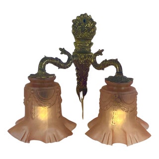 Antique Art Deco Wall-Mounted Lamp with Brass Base and Pink Satin Glass Shades For Sale