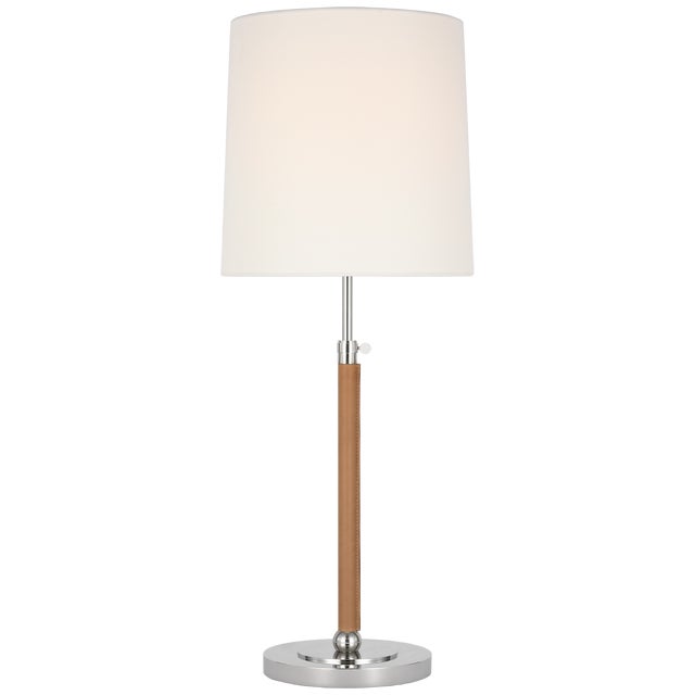 Modern Thomas O'Brien by Visual Comfort Signature Bryant Large Wrapped Table Lamp in Polished Nickel and Natural Leather with Linen Shade For Sale - Image 3 of 3