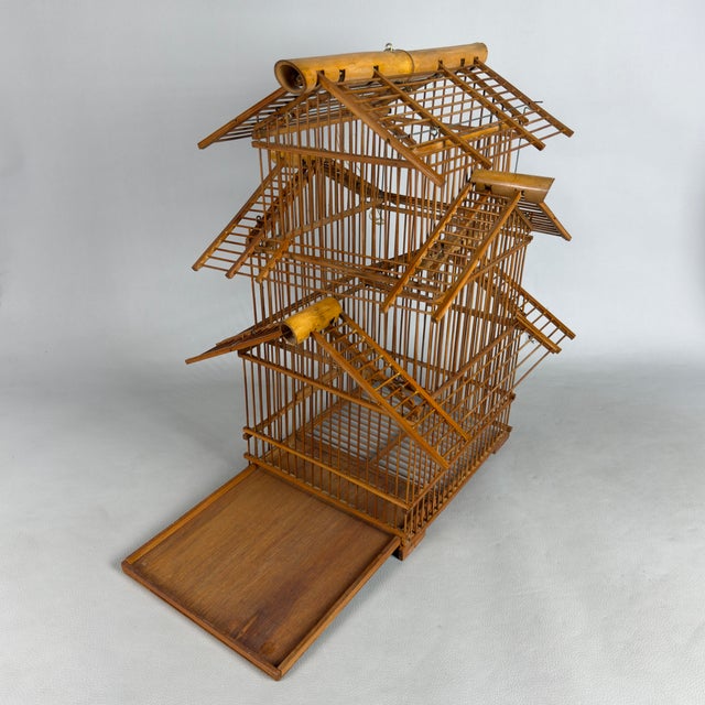 Vintage Architectural Pagoda Aviary Cage in Wood and Bamboo For Sale - Image 5 of 11